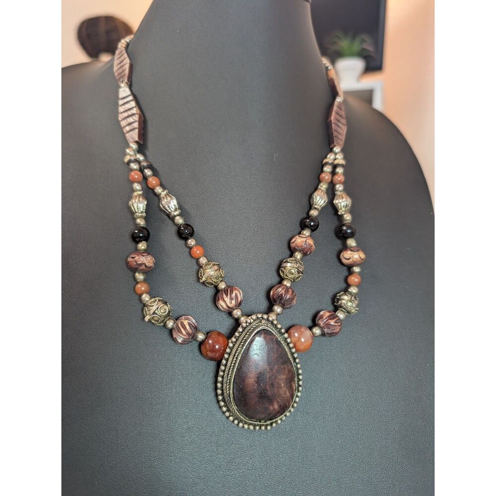 Vintage Southwestern Multi Strand Carved Wood Carnelian Agate Statement Necklace